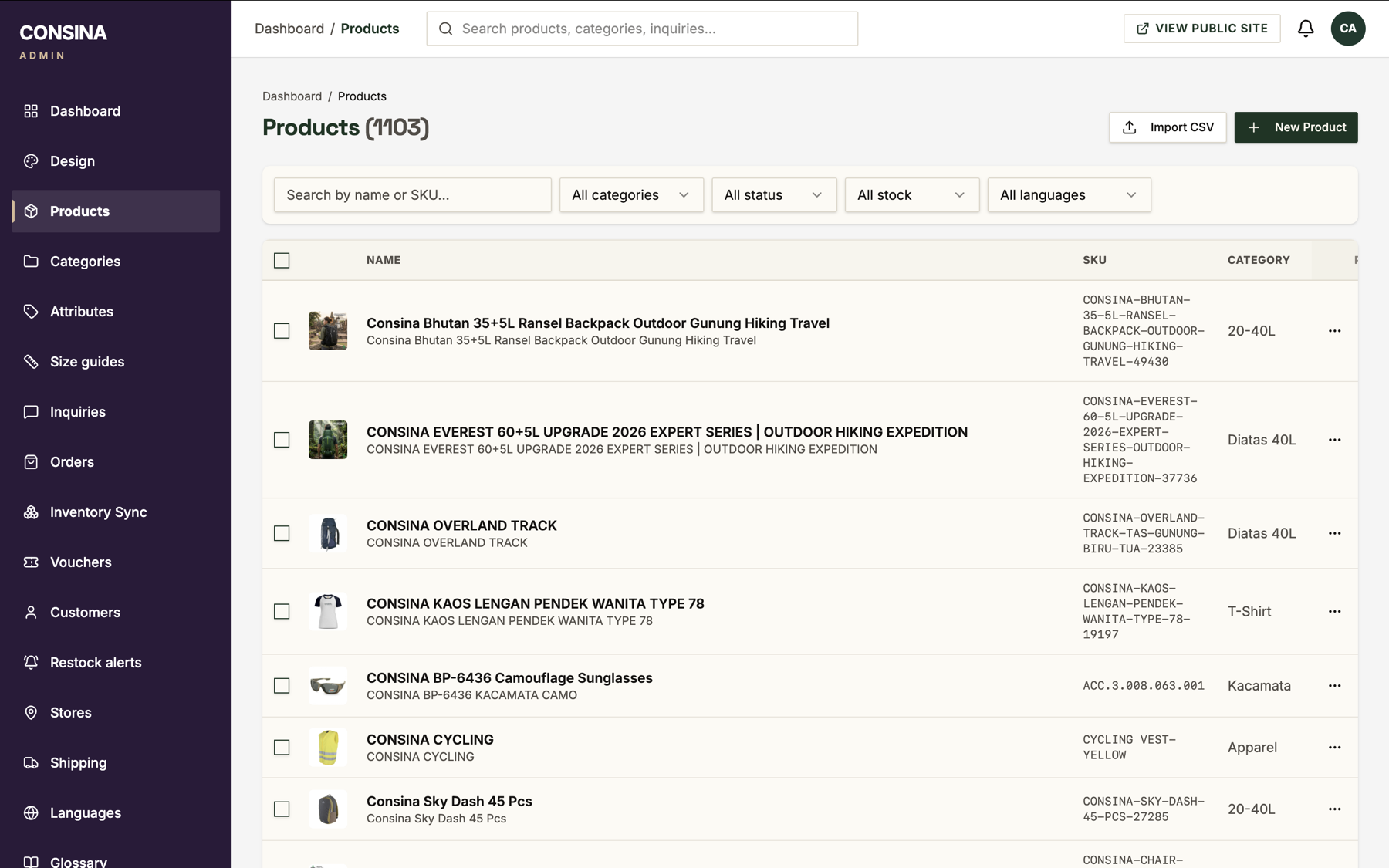Admin Products Consina dengan pencarian, filter, dan daftar katalog