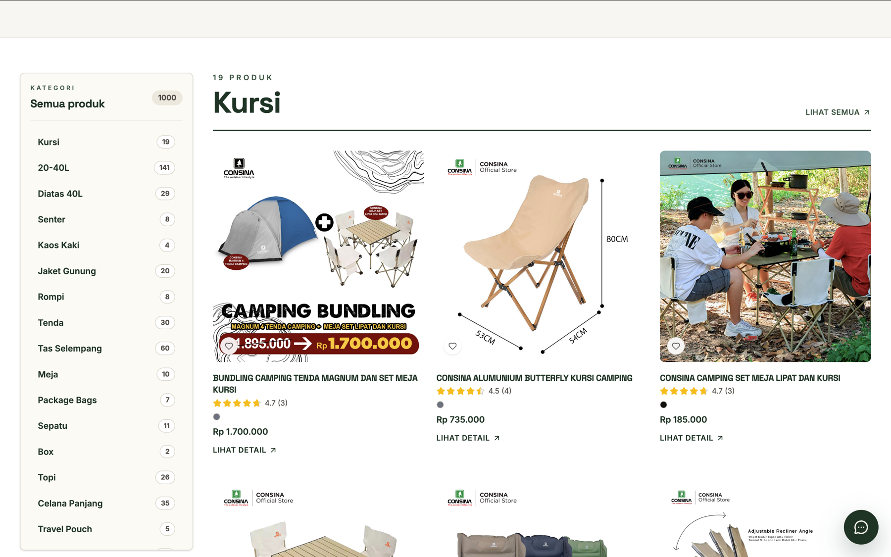 Halaman kategori kursi dengan filter dan kartu produk