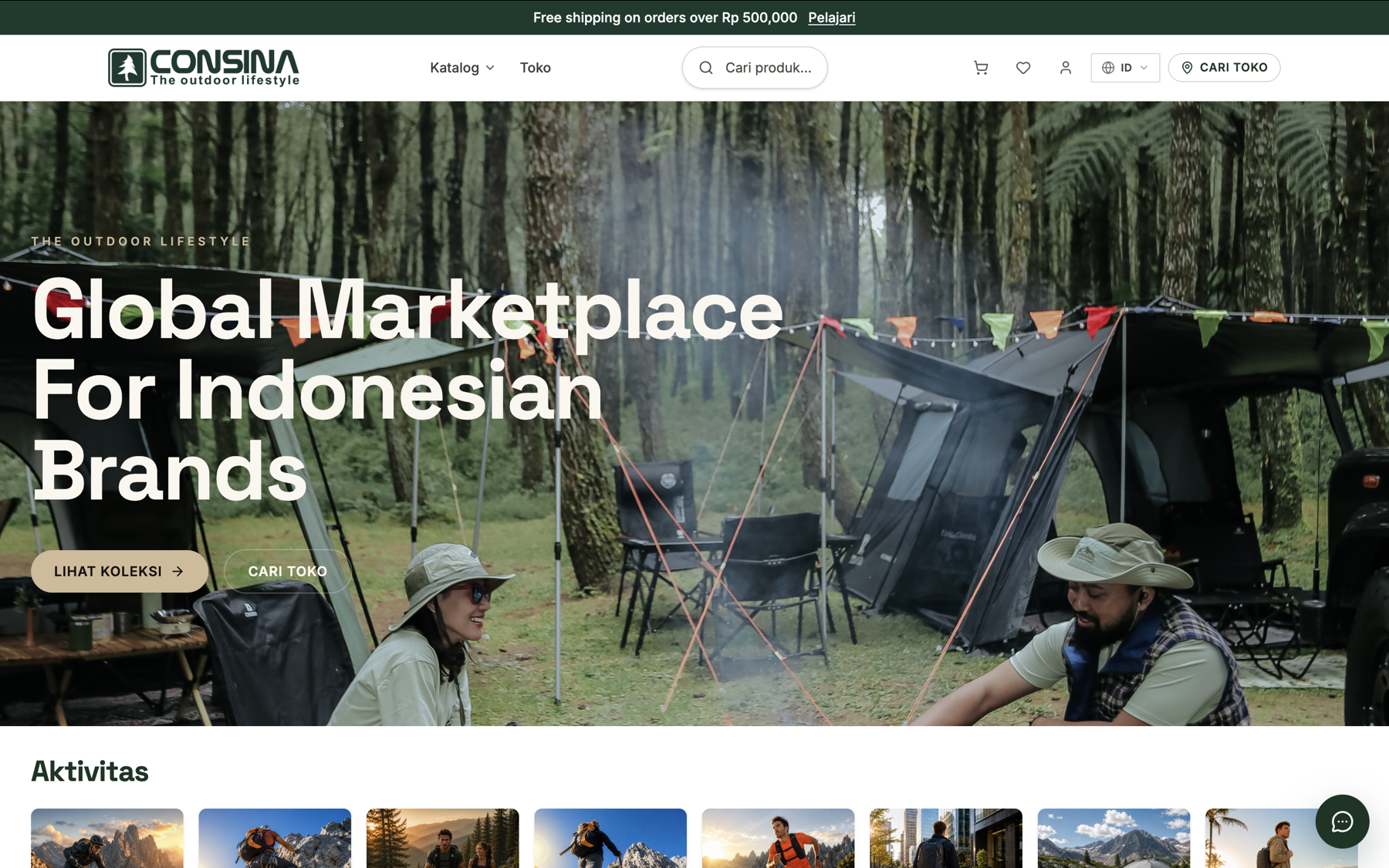 Tampilan homepage e-commerce Consina dengan suasana kegiatan outdoor