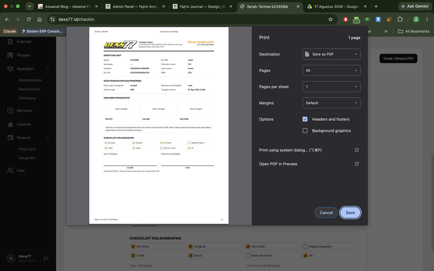 PDF check-in dan serah-terima unit otomatis dari sistem bengkel DEXS77
