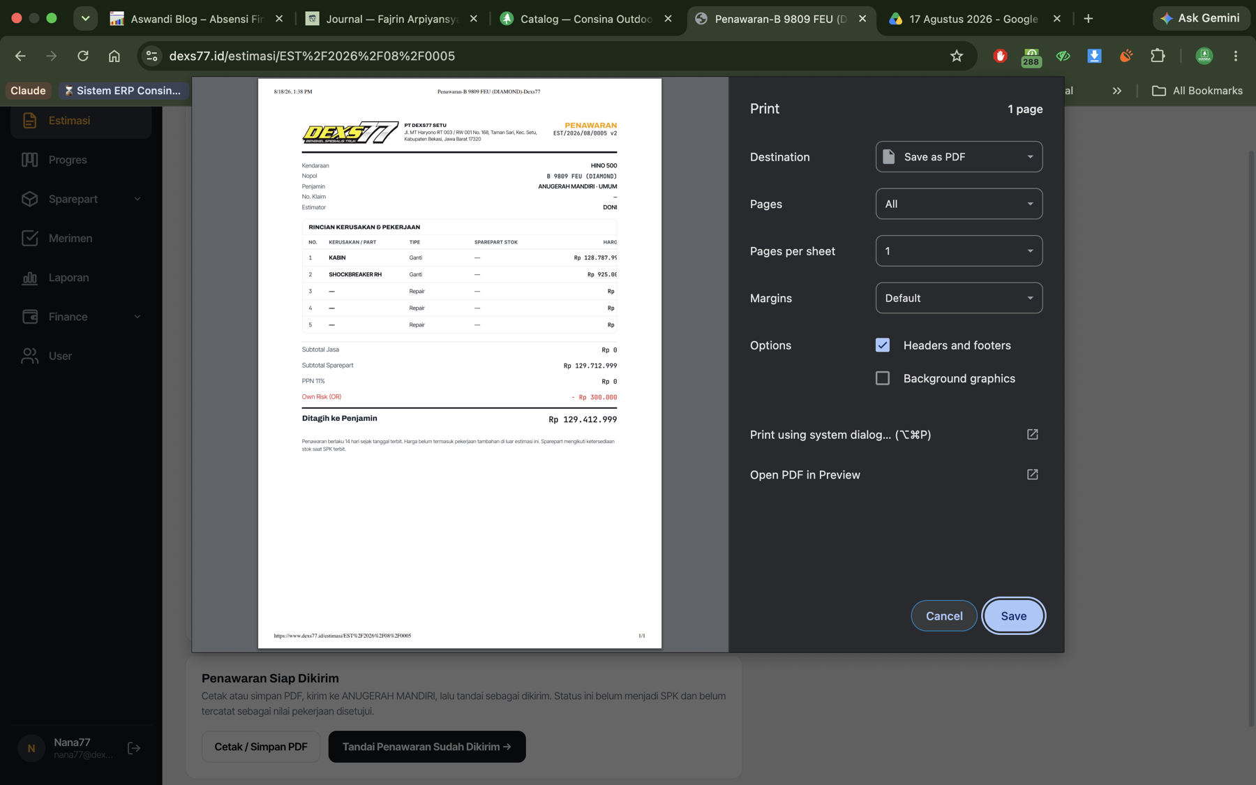 Dokumen penawaran PDF dari aplikasi manajemen bengkel truk DEXS77