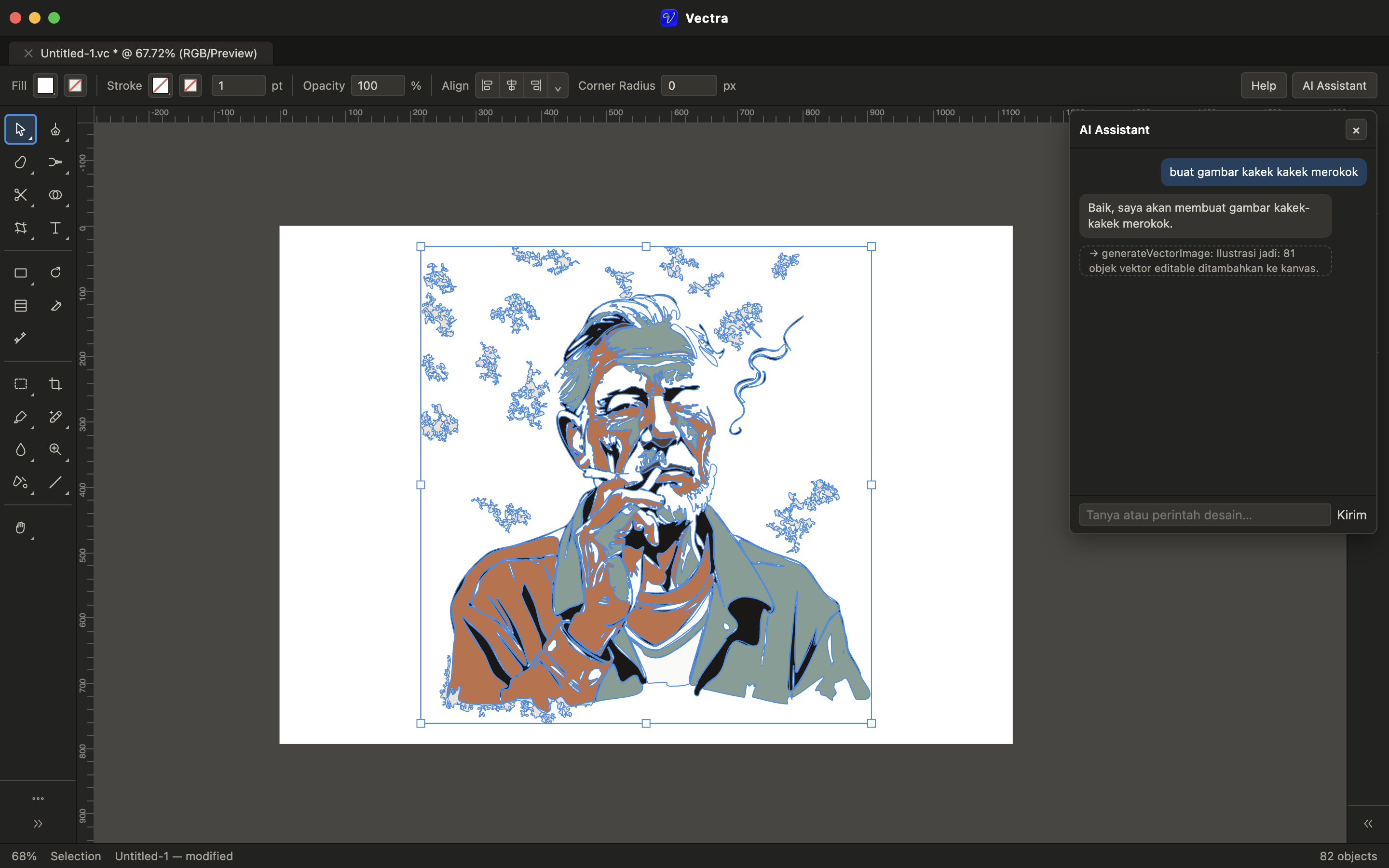 Aplikasi Vectra menampilkan ilustrasi hasil AI sebagai kumpulan objek vector yang dapat diedit