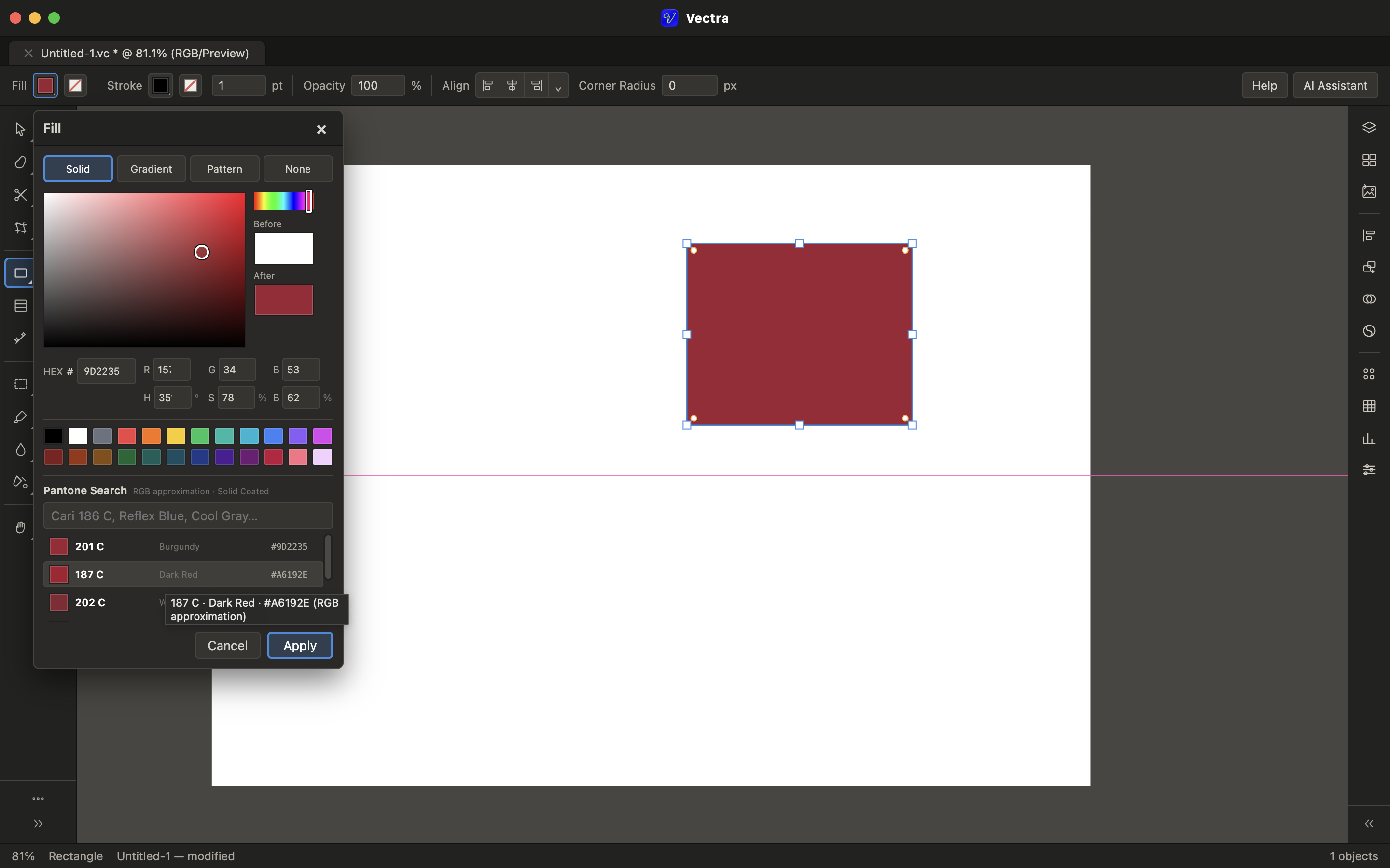 Panel Fill Vectra dengan color picker, swatch, dan pencarian Pantone