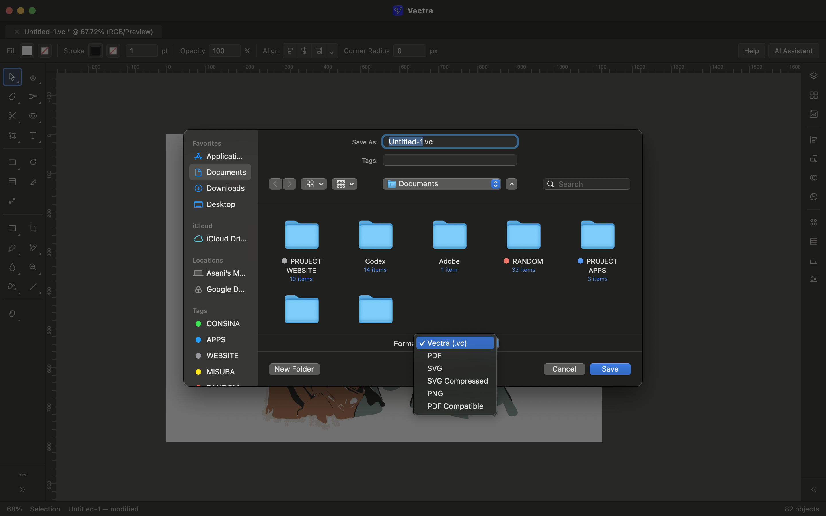Dialog ekspor Vectra dengan format VC, PDF, SVG, SVG Compressed, dan PNG