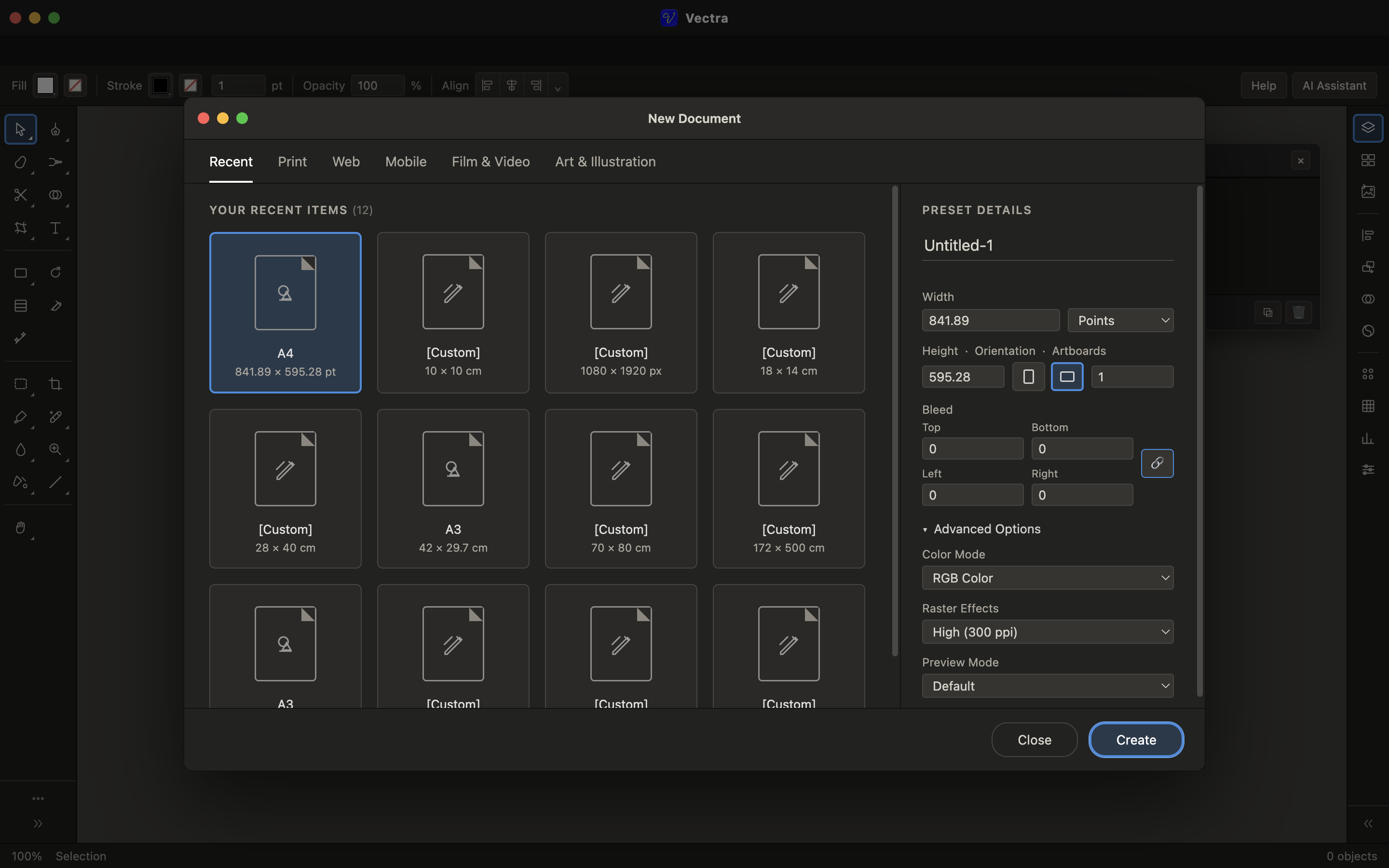 Dialog dokumen baru Vectra dengan preset print, web, mobile, video, dan ilustrasi