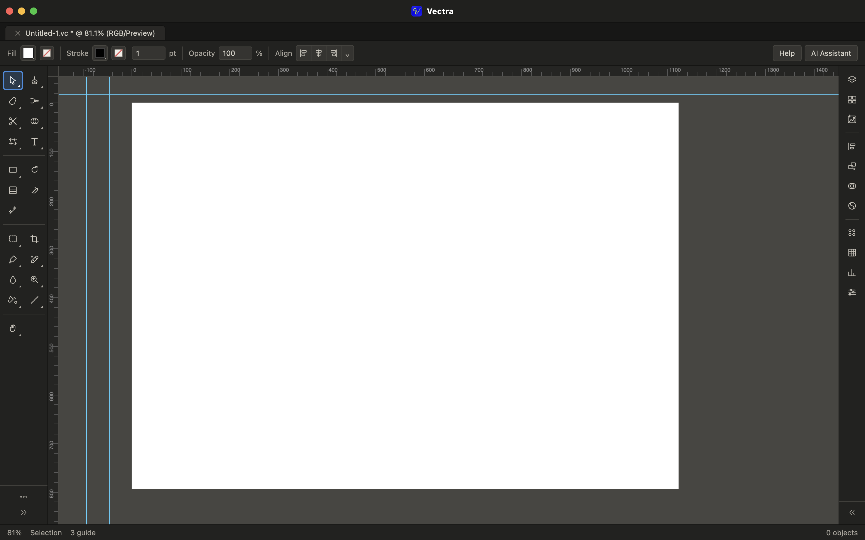 Workspace Vectra dengan artboard, ruler, dan guide untuk editing vector presisi