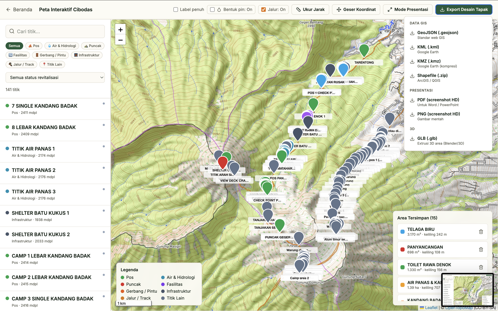 Menu export data GIS, presentasi, dan 3D pada peta interaktif Cibodas