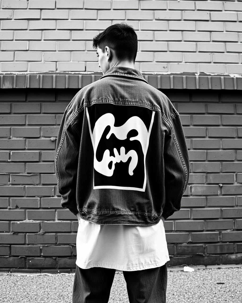 Jaket hitam dengan arahan desain grafis